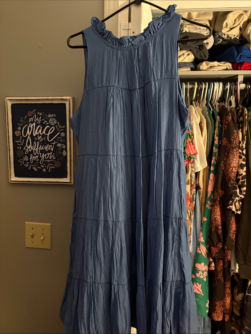 Sleeveless Blue Ruffle-Neck Tiered Maxi Dress - Women size medium